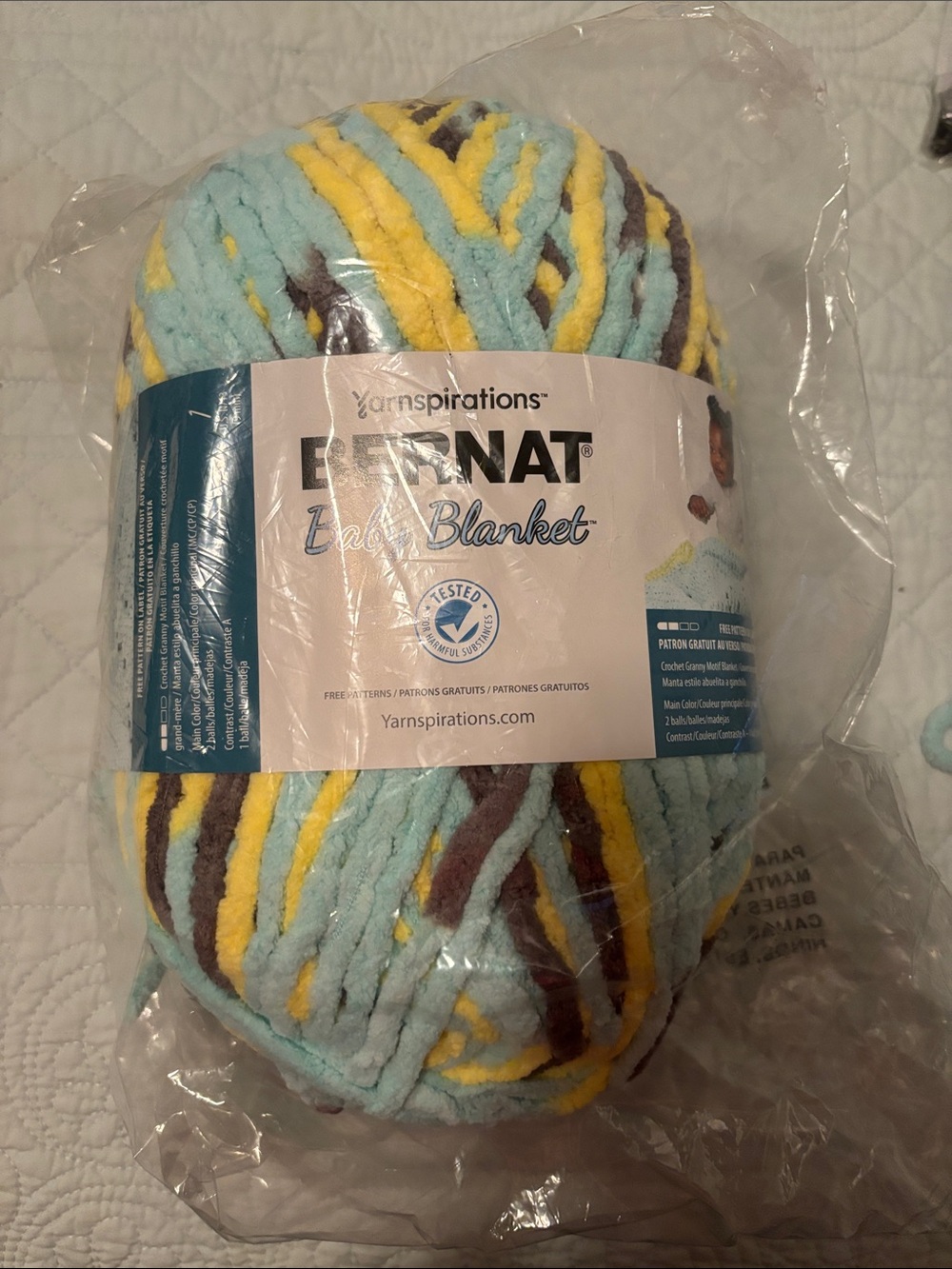 New Bernat Blanket Yarn - Soft Blue, Yellow & Brown Variegated- Man in the Moon